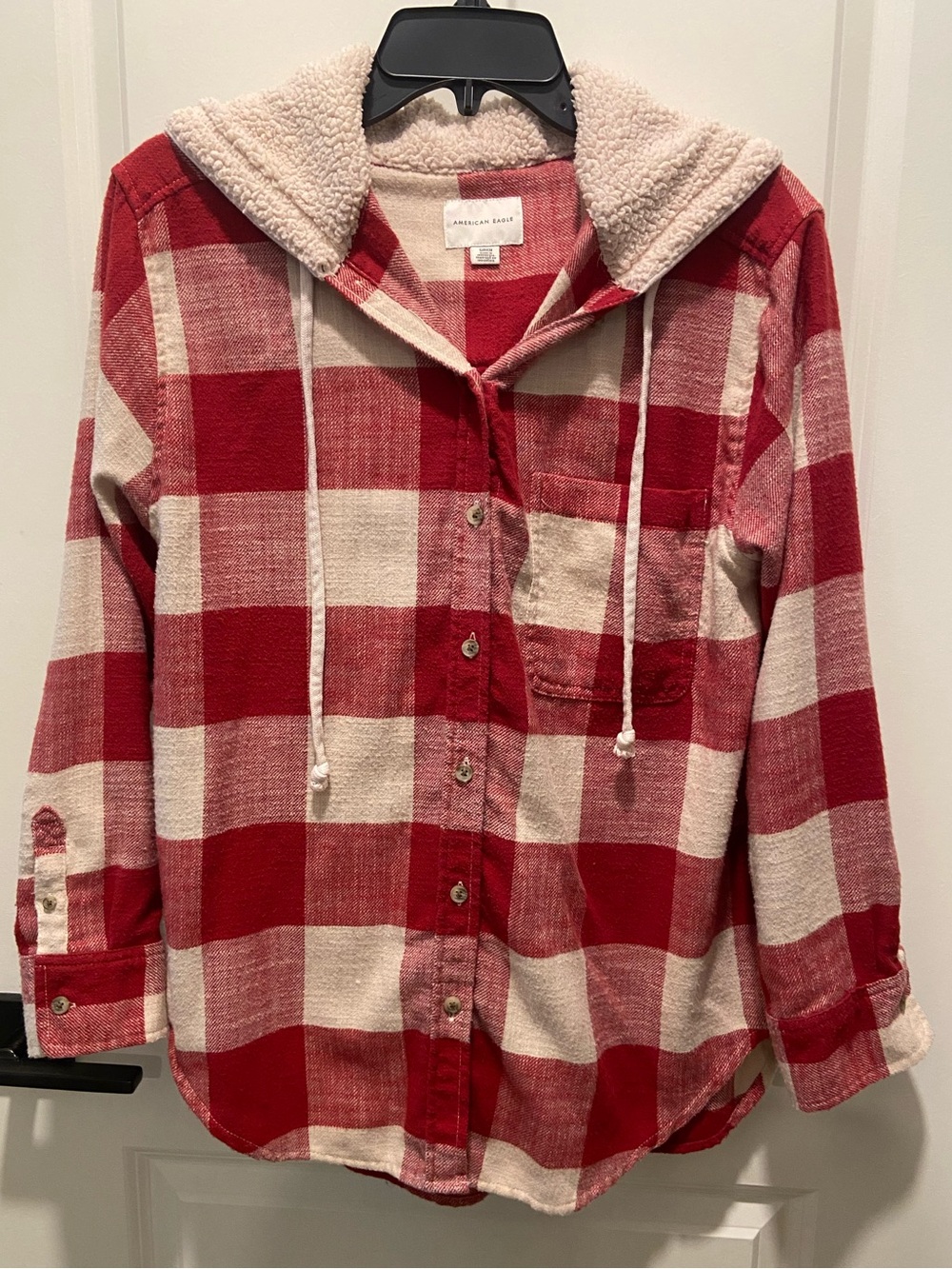 American Eagle Outfitters Red & Cream Buffalo Plaid Sherpa Hooded Jacket